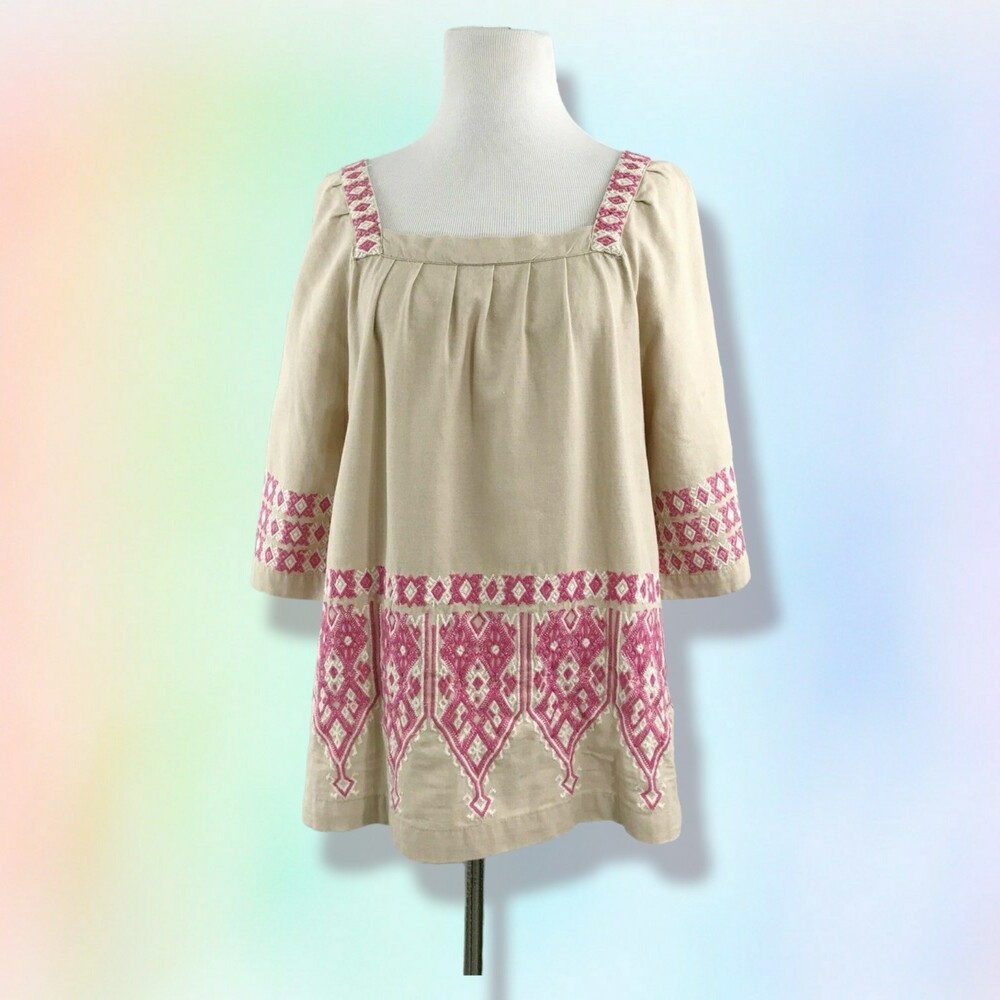 Calypso St Barth Top M  Embroidered Boho Blouse Shirt Cover Tan Pink square neck